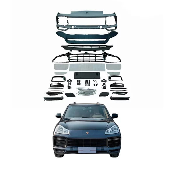 Porsche Cayenne 2008-2010 Car Conversion Upgrade Bodykit with New 9Y0 Turbo Front Bumper Grille Featuring Fog Light Cut-Outs